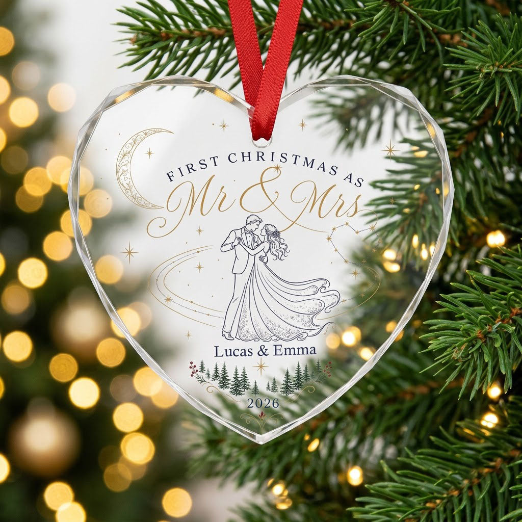 Personalized First Christmas as Mr & Mrs Dancing Couple Heart Glass Ornament