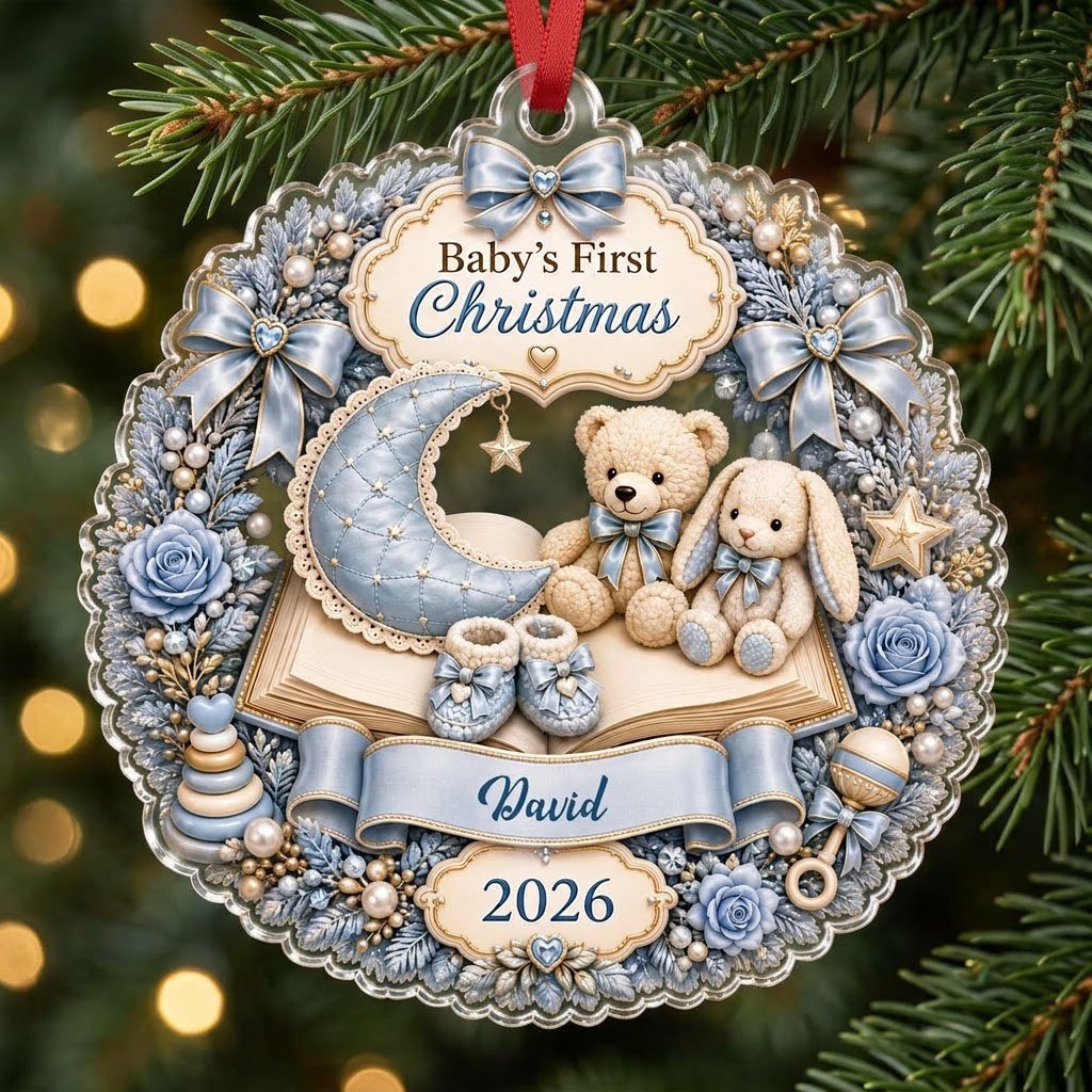 Blue floral wreath acrylic ornament with moon, teddy and bunny, plus Baby's First Christmas with name and year.