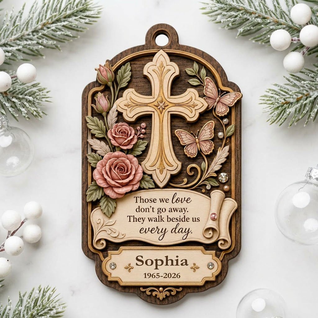 Ornate arch wood ornament with carved cross, roses, butterflies and memorial quote with name and dates.