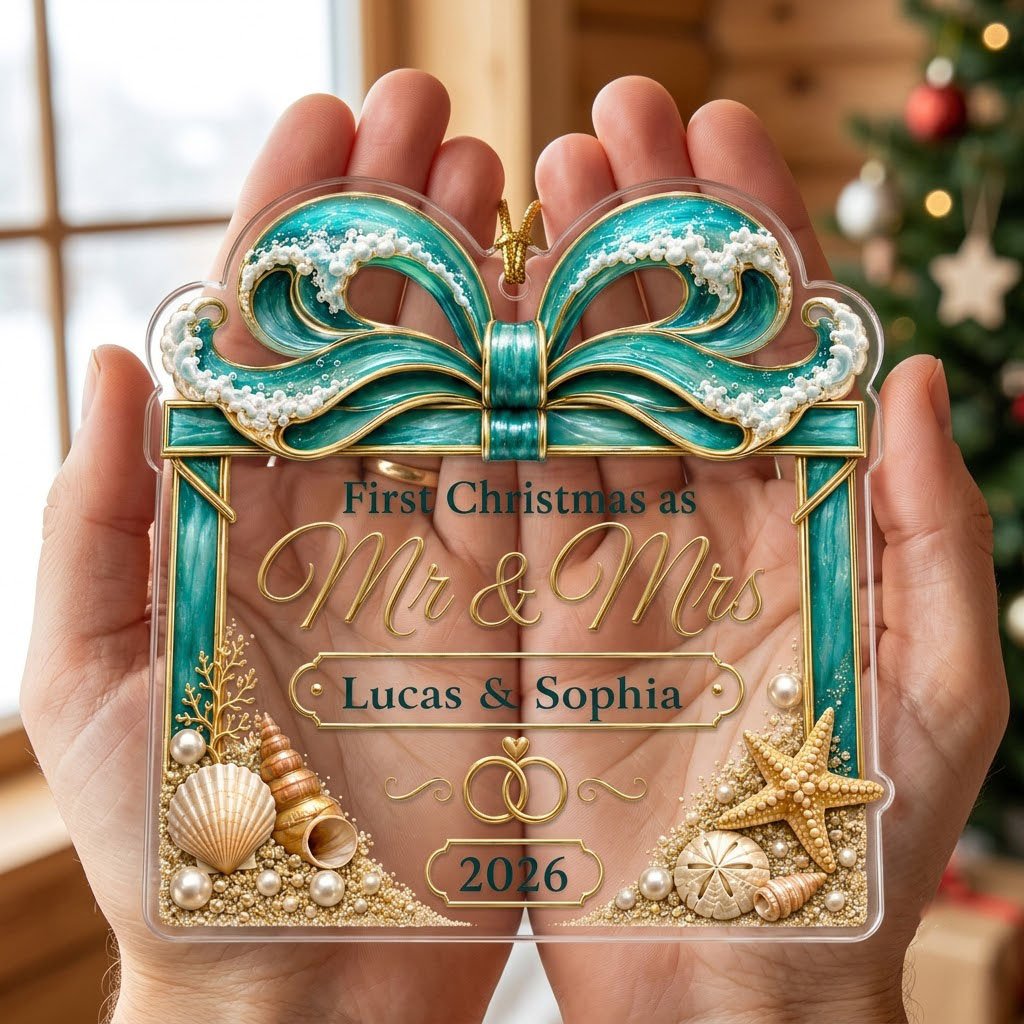 Personalized Beach Ocean Wave Gift Box First Christmas as Mr & Mrs Acrylic Ornament, Custom Destination Wedding Keepsake