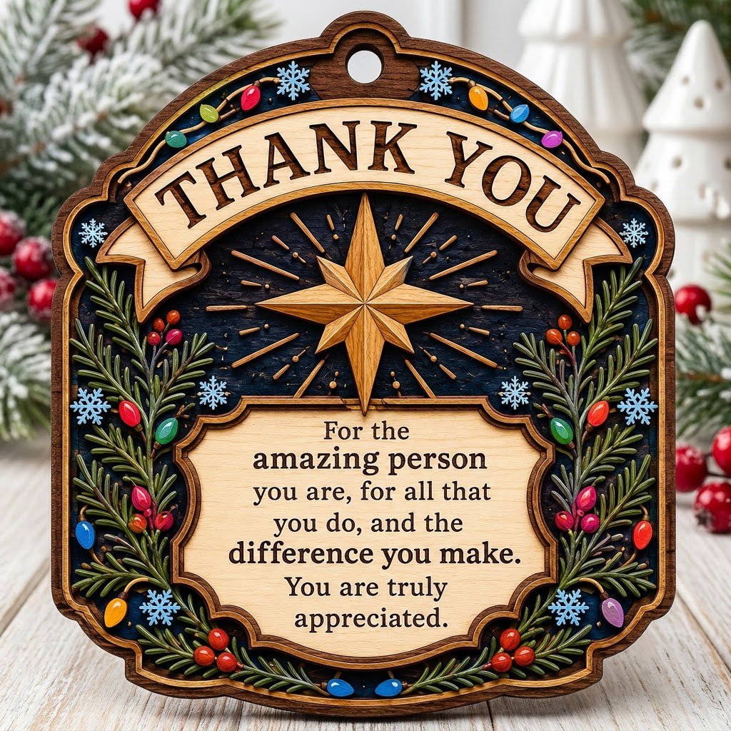 Ornate arch wood ornament with “THANK YOU” message, eight-point star, evergreens, berries, colorful lights, and snowflak