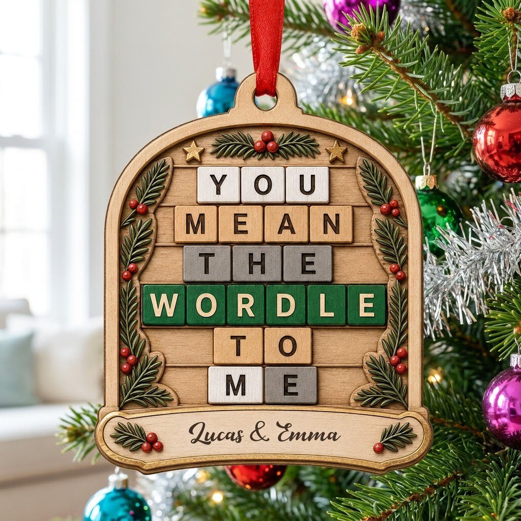 Arch wood ornament with “You Mean The Wordle To Me” letter tiles, evergreen sprigs with red berries, gold stars, and cou