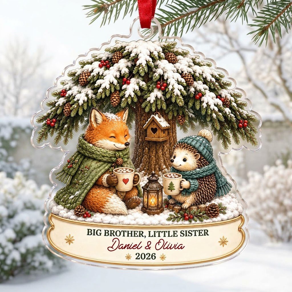 Acrylic ornament with snowy tree, fox and hedgehog holding mugs, banner says BIG BROTHER, LITTLE SISTER.