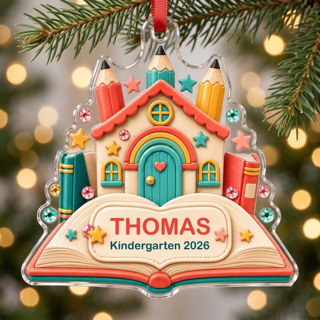 Clay-style schoolhouse on an open book with pencils and stars, personalized with child's name and Kindergarten 2026