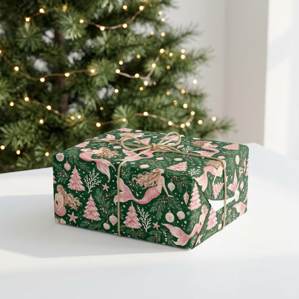 Dark green wrapping paper with pink-tailed mermaids, pink Christmas trees, starfish and snowflakes in a seamless pattern