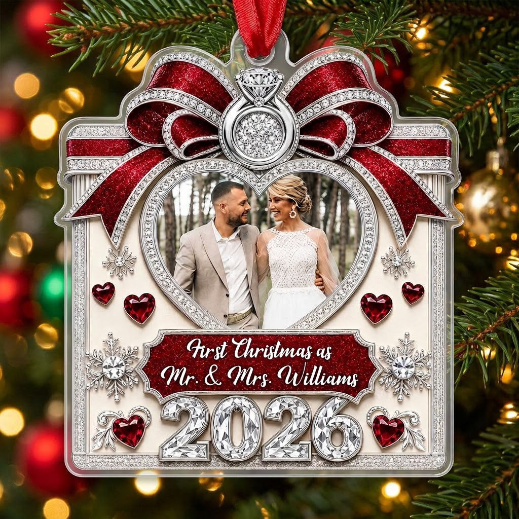 Acrylic ornament with red glitter bow, engagement ring, heart photo frame, snowflakes, and Mr. & Mrs. name and year.