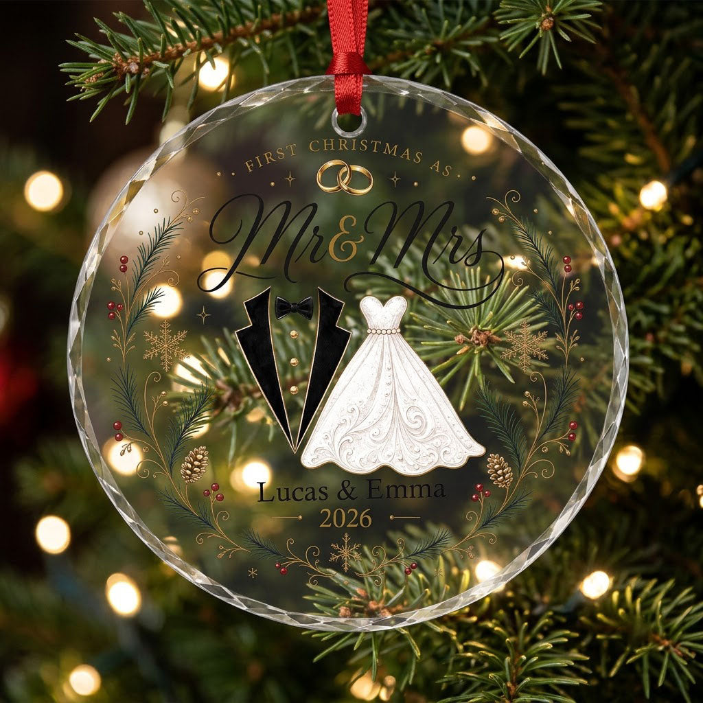 Personalized First Christmas as Mr & Mrs Tuxedo Gown Round Glass Ornament