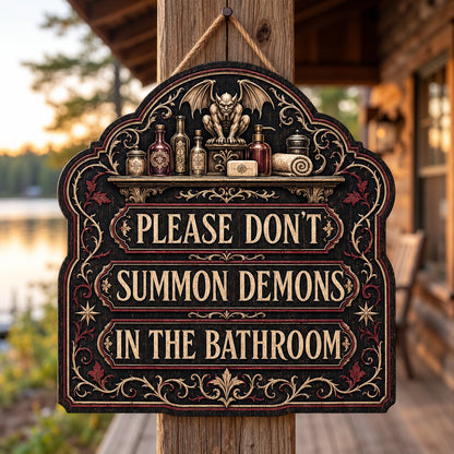 Ornate arched wooden sign with a gargoyle shelf and the message Please Don't Summon Demons in the Bathroom.