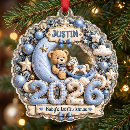 Blue wreath acrylic ornament with Baby's 1st Christmas, teddy bear, rocking horse, personalized name and 2026.