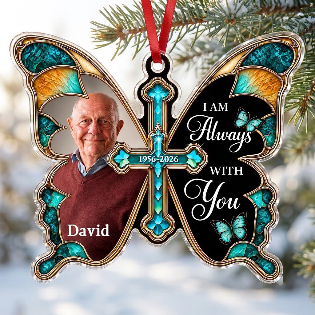 Butterfly acrylic ornament with stained glass wings, gold cross, photo panel, and the text I AM Always WITH You.
