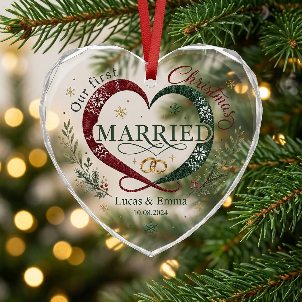 Personalized Our First Christmas Married Scarf Heart Glass Ornament