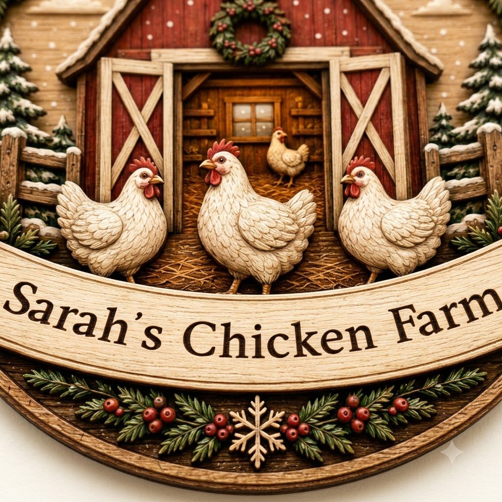 Personalized Round Red Barn Chicken Coop Wood Ornament, Custom Farmhouse Keepsake