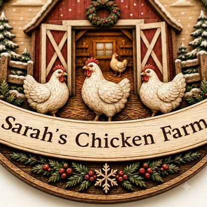 Personalized Round Red Barn Chicken Coop Wood Ornament, Custom Farmhouse Keepsake