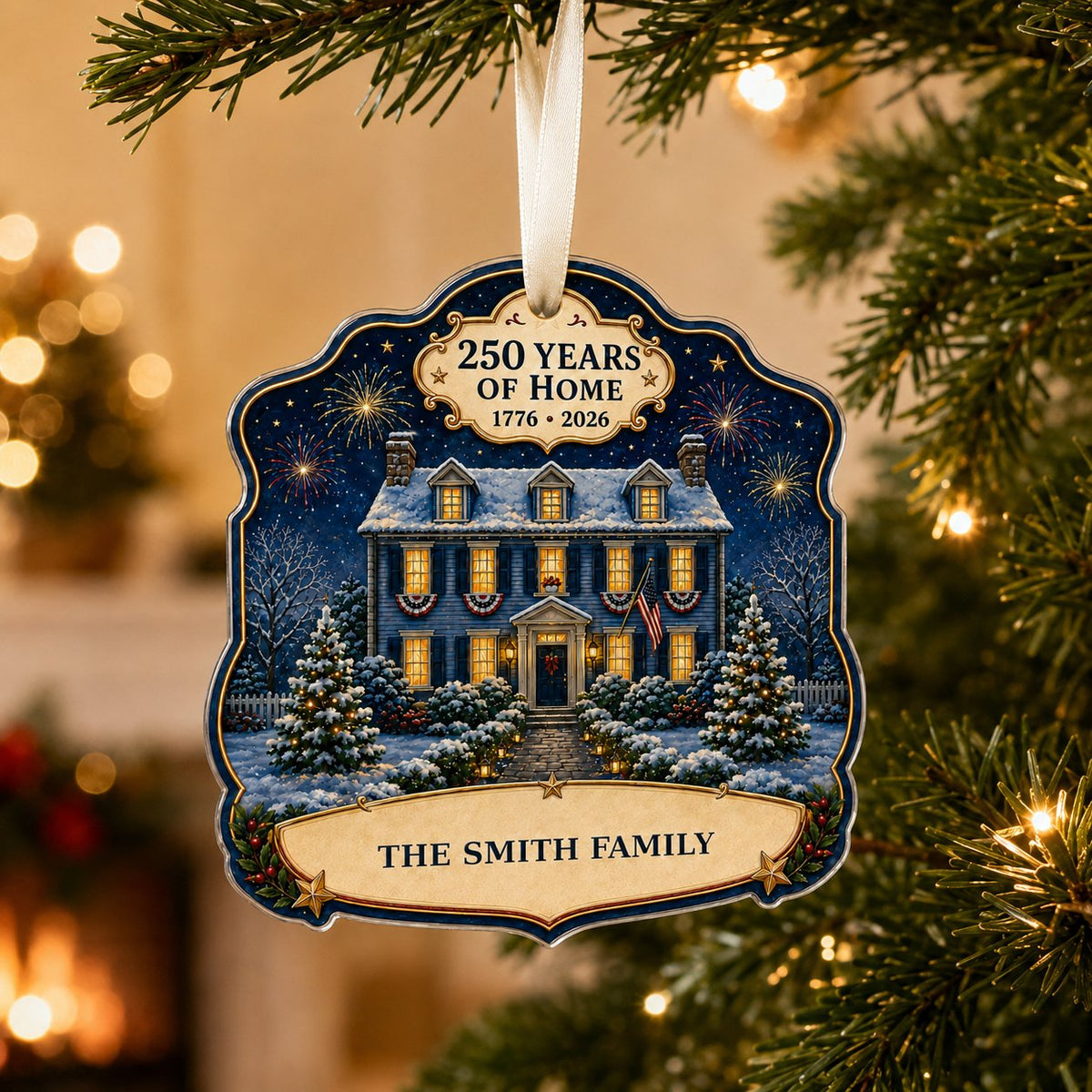 Personalized America 250th Colonial House Acrylic Ornament, Custom Patriotic Holiday Keepsake