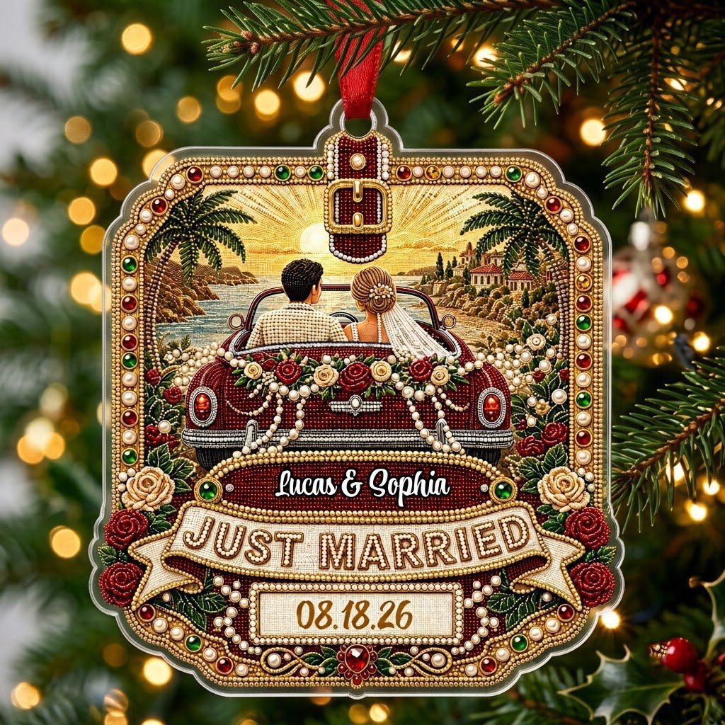 Personalized Just Married Vintage Car Acrylic Ornament