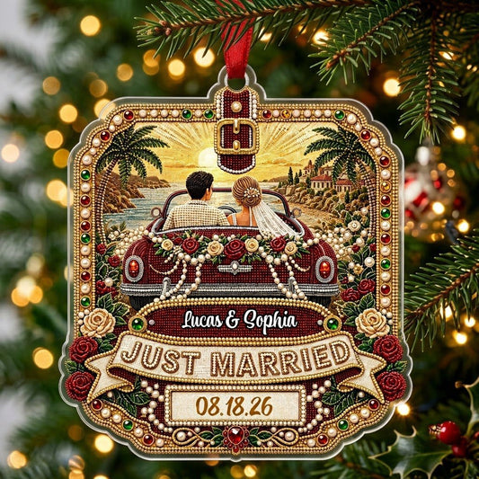 Personalized Just Married Vintage Car Acrylic Ornament