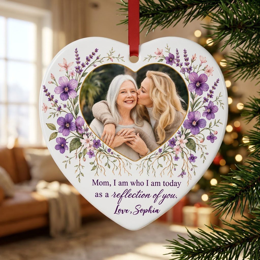 Heart ceramic ornament with a gold-edged heart photo and purple watercolor florals around the message for Mom.