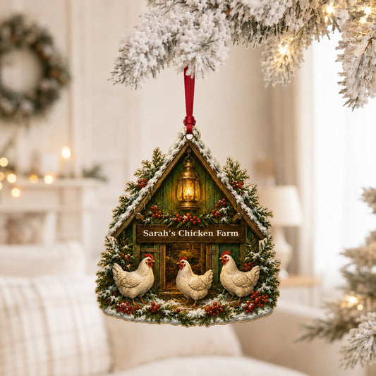 Personalized Chicken Coop Wood Ornament, Custom Farmhouse Chicken Lover Christmas Keepsake