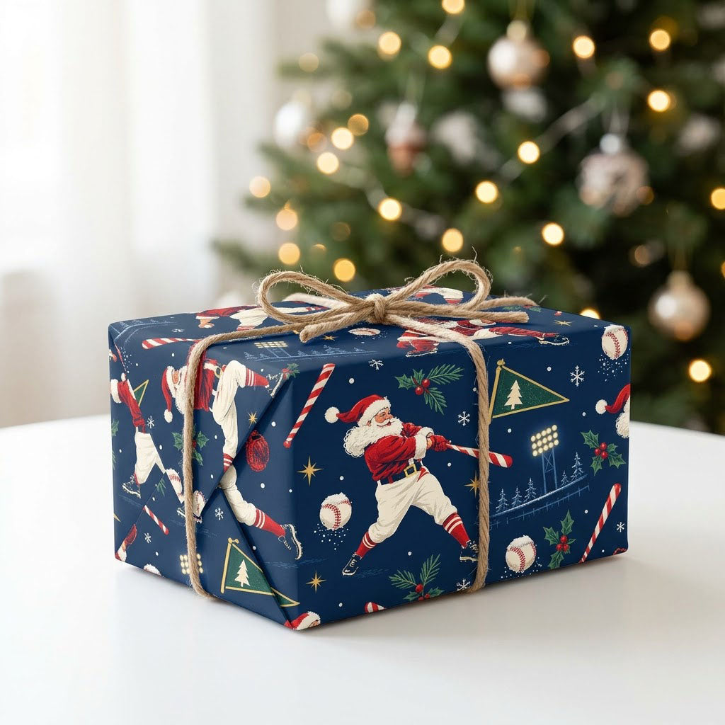 Navy wrapping paper with baseball Santas, candy cane bats, baseballs, pennants, stars and pine sprigs.