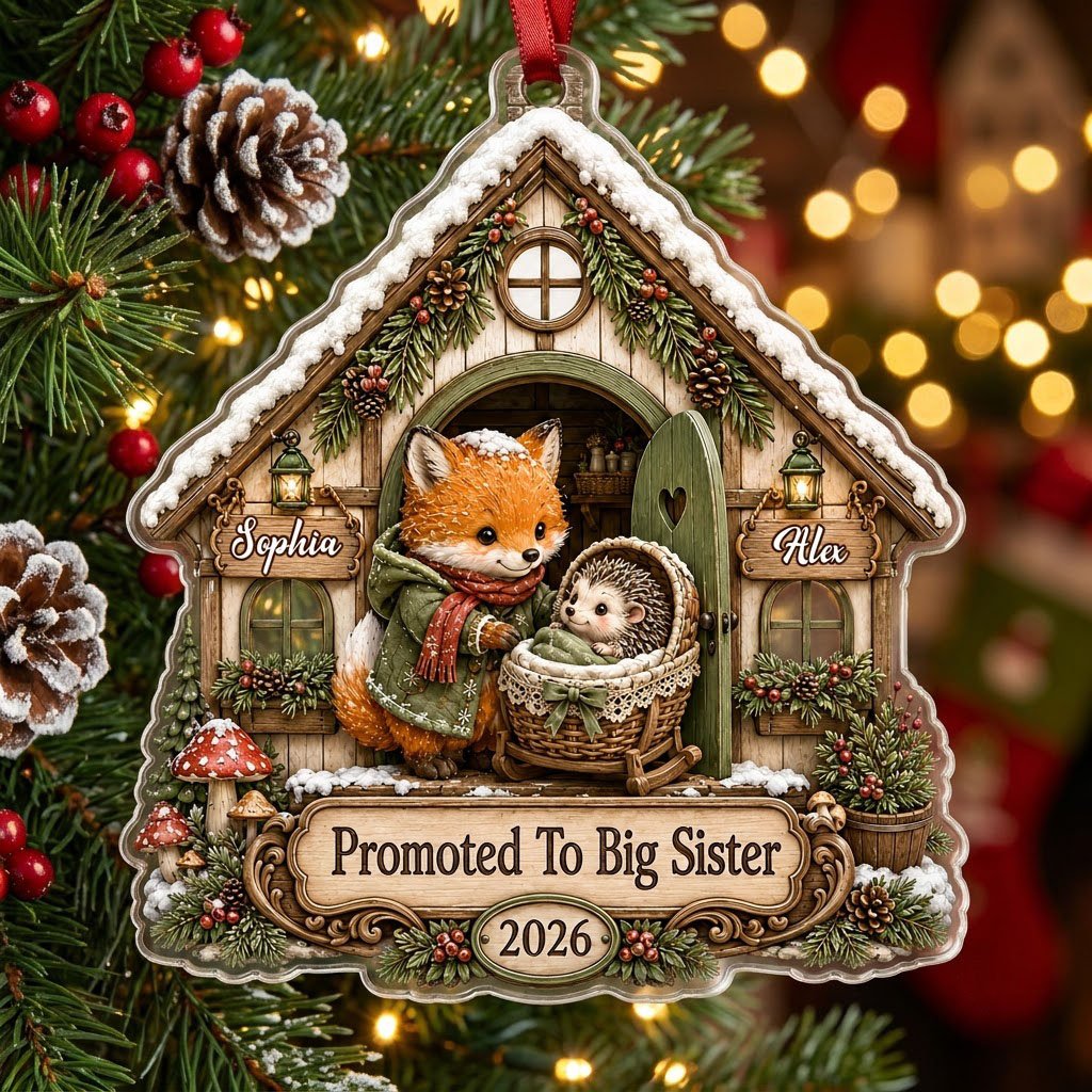 House-shaped acrylic ornament with 'Promoted To Big Sister' and a fox beside a baby hedgehog in a bassinet.
