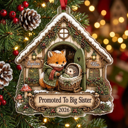 House-shaped acrylic ornament with 'Promoted To Big Sister' and a fox beside a baby hedgehog in a bassinet.