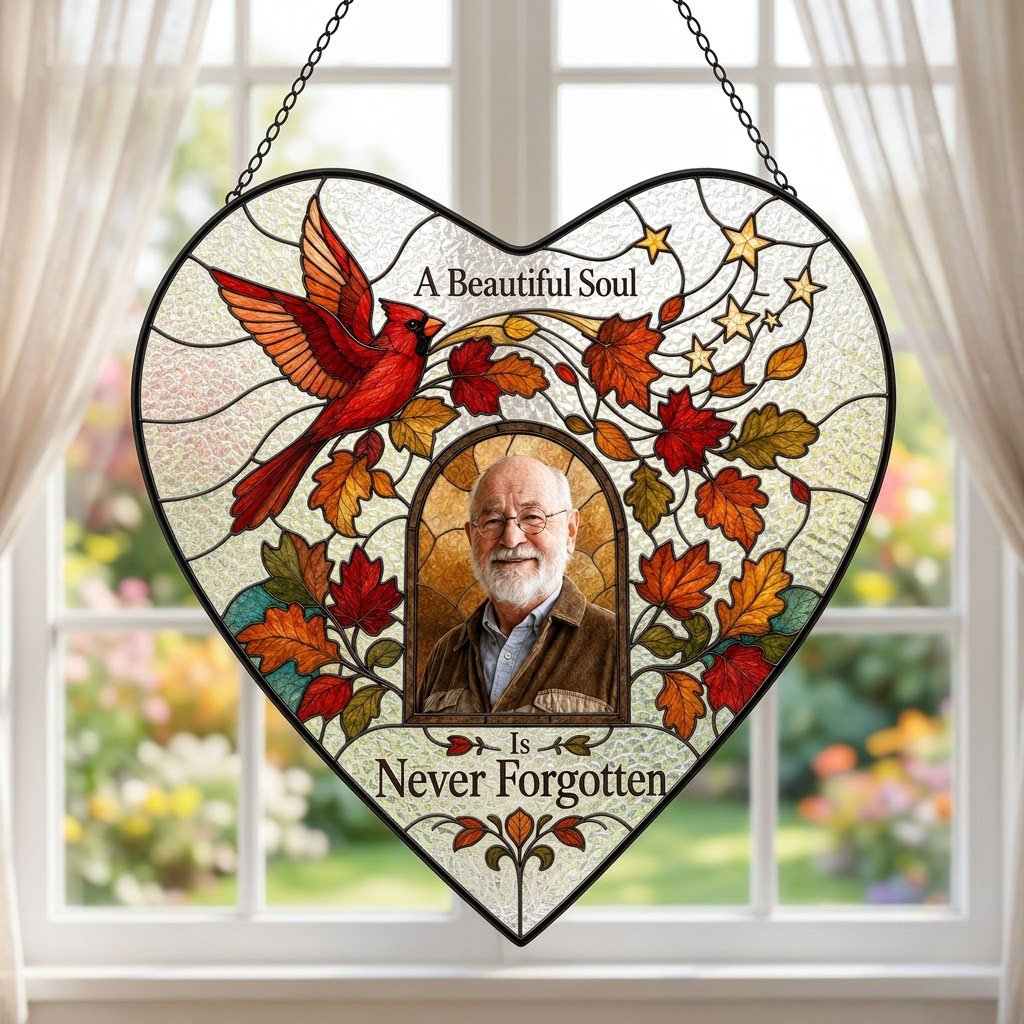 Heart stained glass suncatcher with flying red cardinal, autumn leaves, gold stars, and a central photo frame.