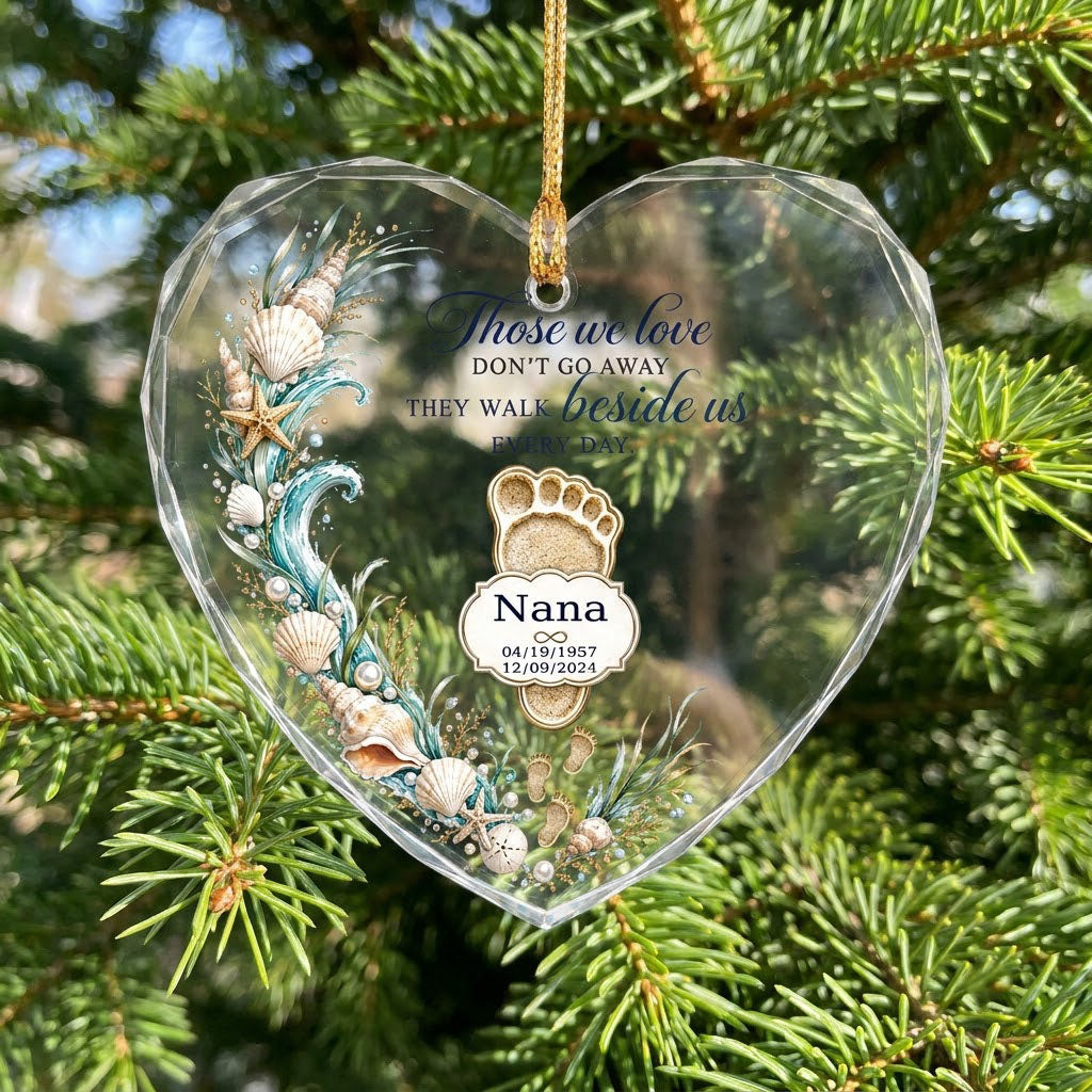 Personalized Beach Footprint Frame Memorial Those We Love Beside Us Heart Glass Ornament