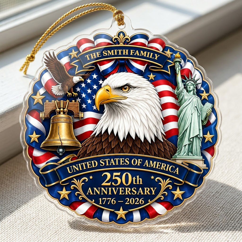 Personalized USA 250th Anniversary Acrylic Ornament, Custom Patriotic American Keepsake