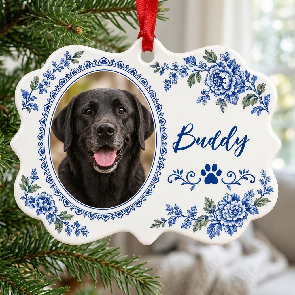 Scalloped medallion ornament with blue-green Delft floral border, dog photo left, blue paw print and name Buddy