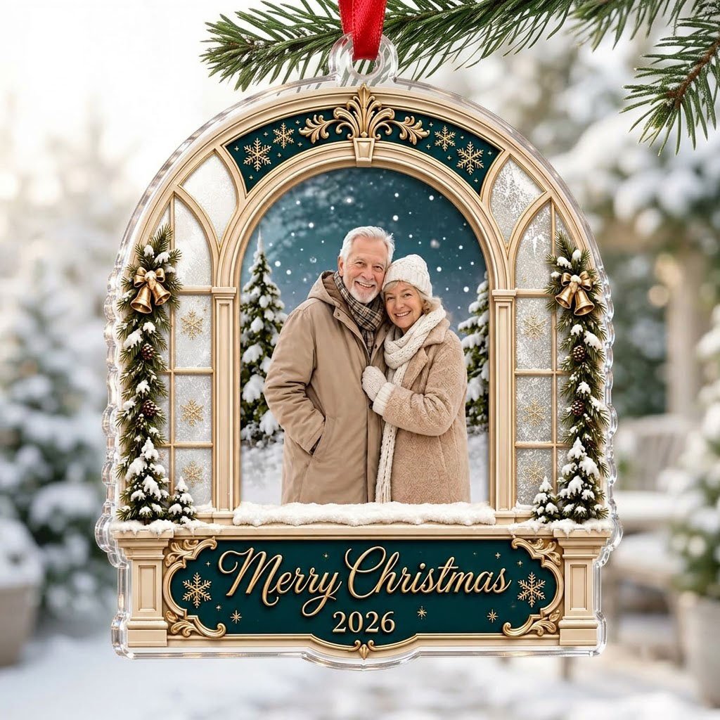Arched window acrylic ornament with green header, pine garlands, Merry Christmas text, and a center photo window.