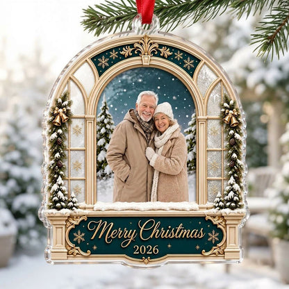 Arched window acrylic ornament with green header, pine garlands, Merry Christmas text, and a center photo window.