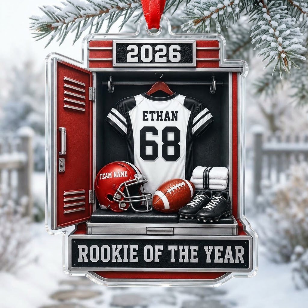Acrylic ornament shaped like a football locker with jersey, red helmet, ball, towels and ROOKIE OF THE YEAR banner.