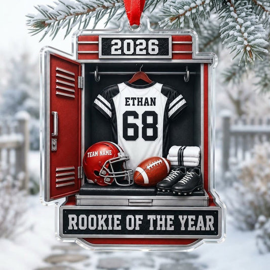 Acrylic ornament shaped like a football locker with jersey, red helmet, ball, towels and ROOKIE OF THE YEAR banner.