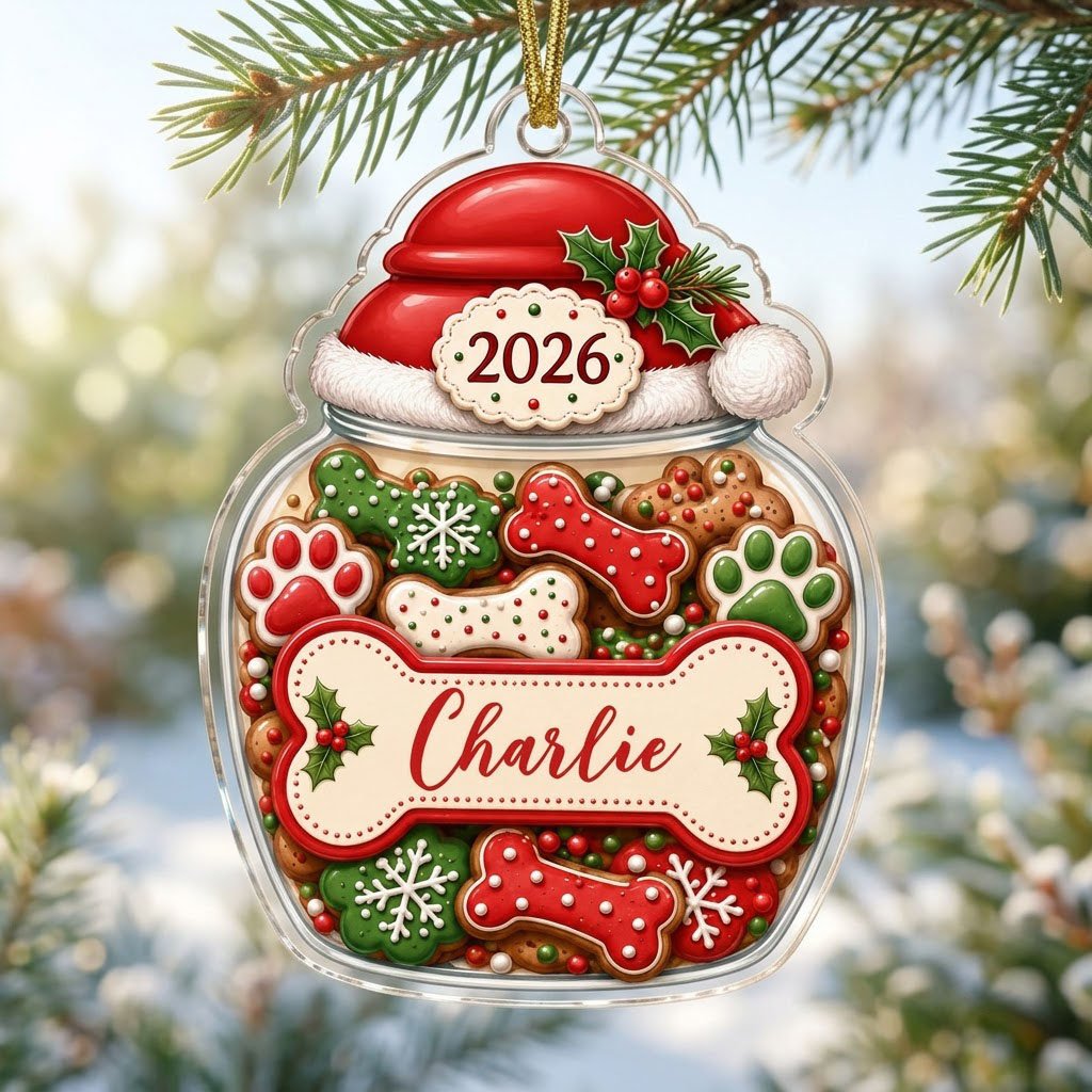 Custom-cut acrylic ornament shaped like a cookie jar with Santa hat, dog bone name plaque, and 2026 year badge.