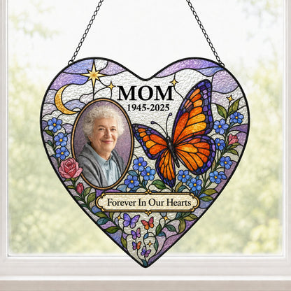 Heart suncatcher with photo oval, Forever In Our Hearts text, butterfly, moon, roses and forget-me-nots.