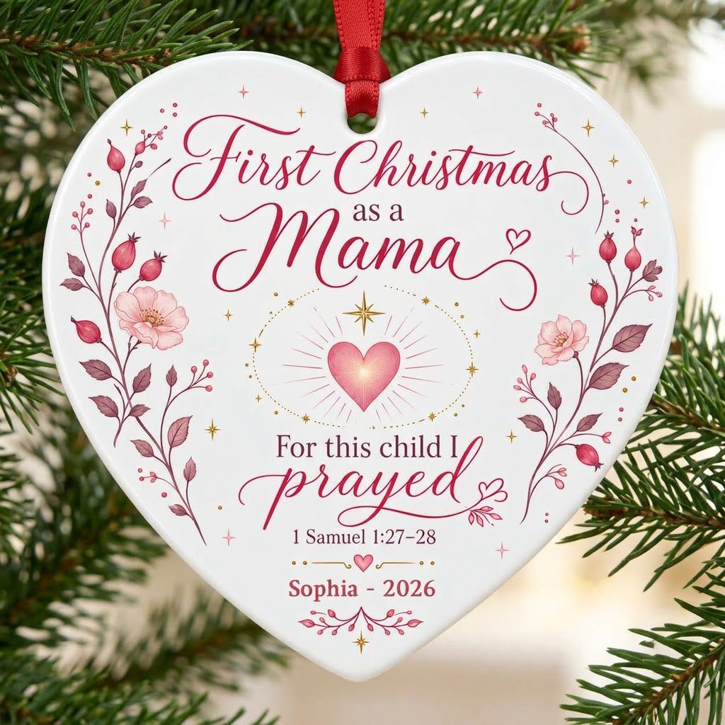 Heart ceramic ornament with pink florals, radiant pink heart, gold star, and First Christmas as a Mama text with name an