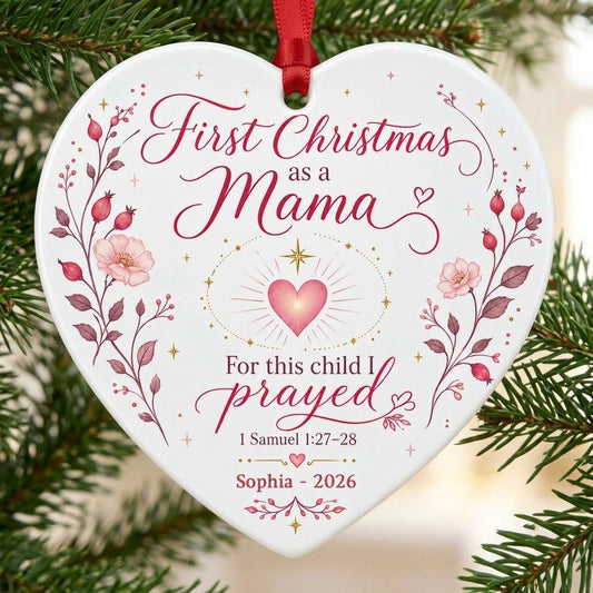 Heart ceramic ornament with pink florals, radiant pink heart, gold star, and First Christmas as a Mama text with name an