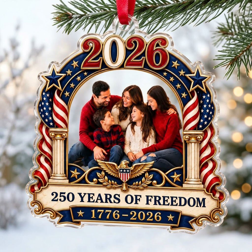 Ornate arched acrylic ornament with 2026, flag-draped columns, eagle emblem, and a central family photo frame