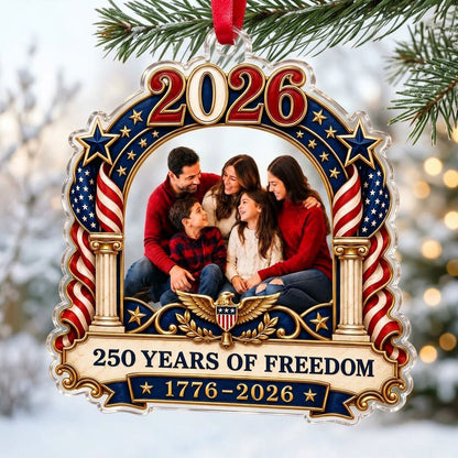Ornate arched acrylic ornament with 2026, flag-draped columns, eagle emblem, and a central family photo frame