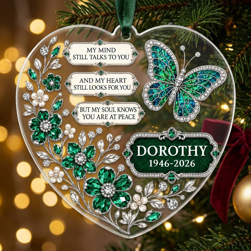 Personalized Emerald Butterfly Memorial Heart Acrylic Ornament