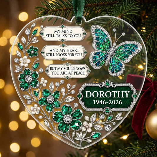 Personalized Emerald Butterfly Memorial Heart Acrylic Ornament