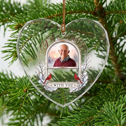 Heart-shaped glass ornament with red cardinals, arched photo window, and I'M ALWAYS WITH YOU text on a snowy winter scen