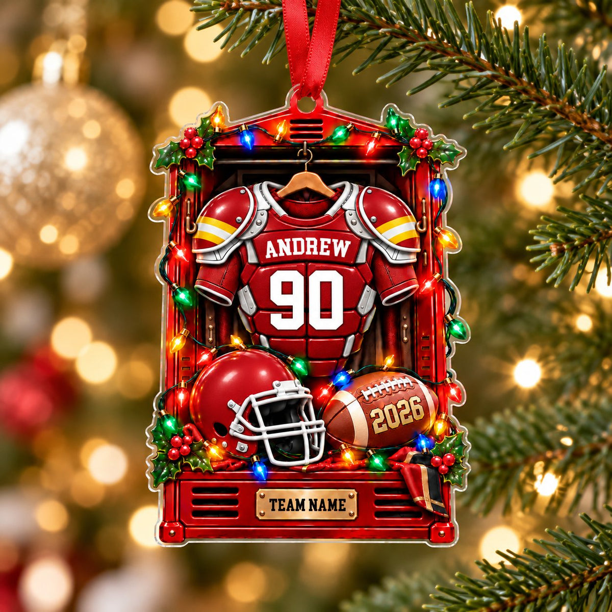 Red football locker ornament with jersey, helmet, football, holiday lights, holly, and custom name, number, team and yea