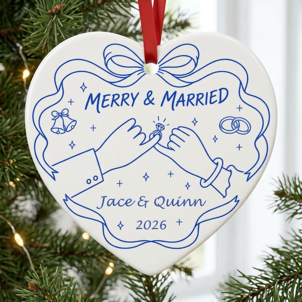 White heart ceramic ornament with blue line art: pinky promise hands, bells, rings, and MERRY & MARRIED text.