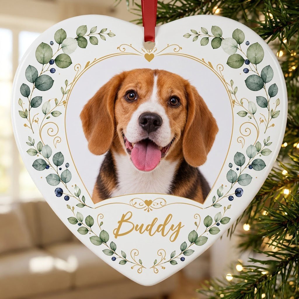 Heart ceramic ornament with a pet photo framed by gold heart scrollwork and eucalyptus with dark blue berries.