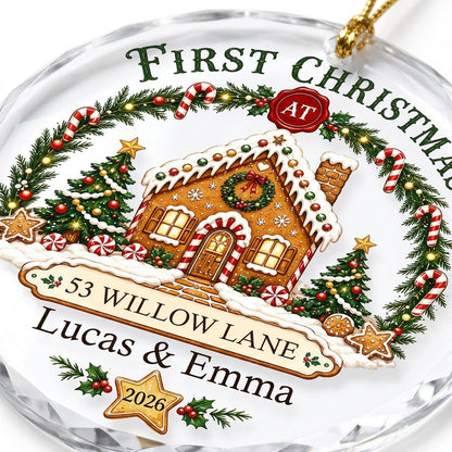 Personalized First Christmas at New Home Gingerbread House Round Glass Ornament