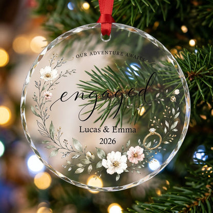 Personalized Our Adventure Awaits Floral Wreath Engaged Round Glass Ornament
