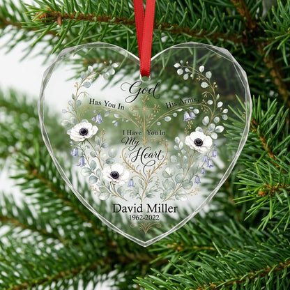 Personalized Botanical Cross Memorial God Has You In His Arms Heart Glass Ornament