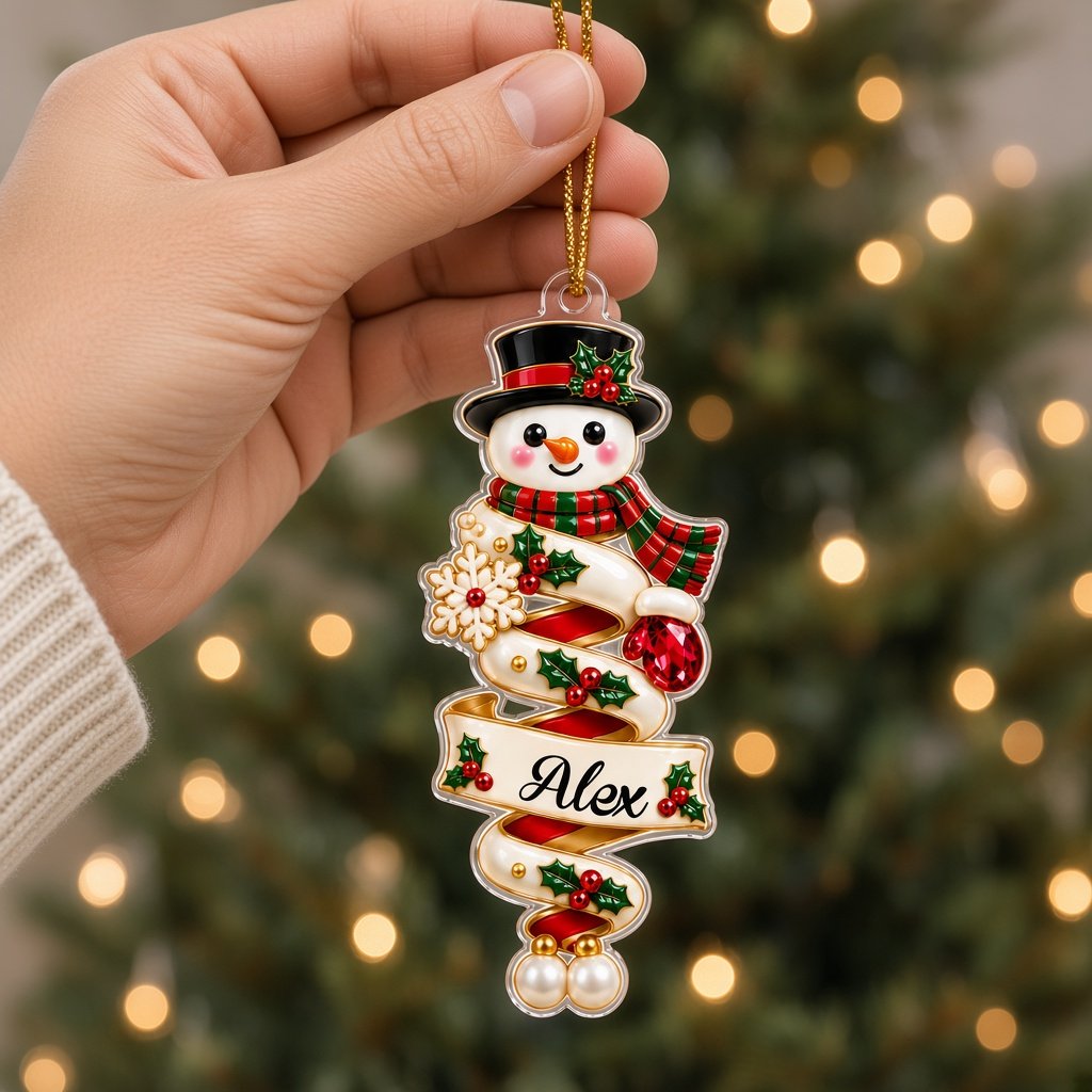 Custom-cut acrylic ornaments with gingerbread and Santa, spiral ribbons, and a holly-framed name banner.