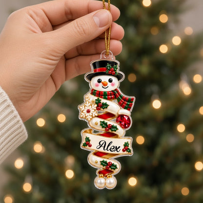 Custom-cut acrylic ornaments with gingerbread and Santa, spiral ribbons, and a holly-framed name banner.